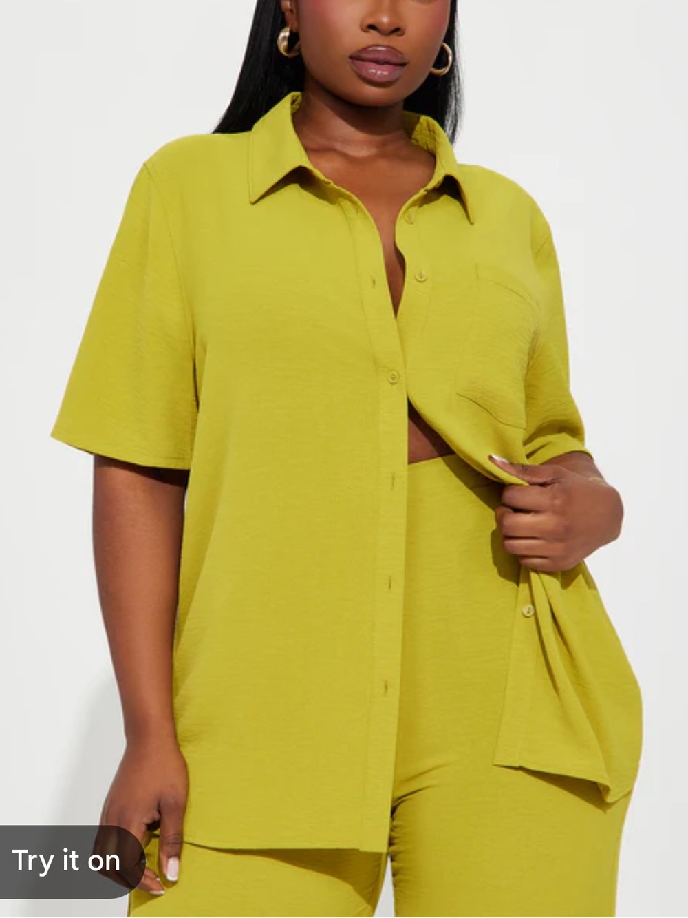 Fashion Nova Olive Short Sleeve Button-Up Shirt